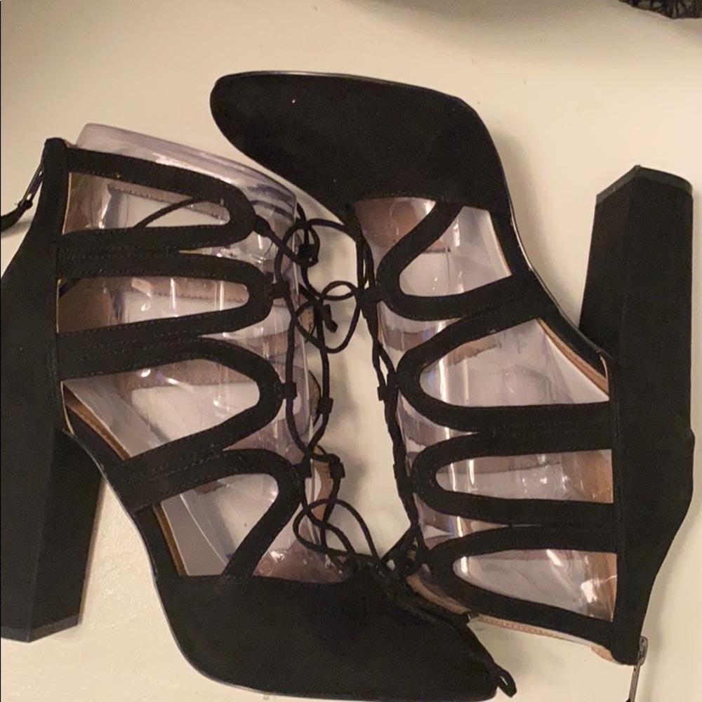 Black strappy faux suede heel